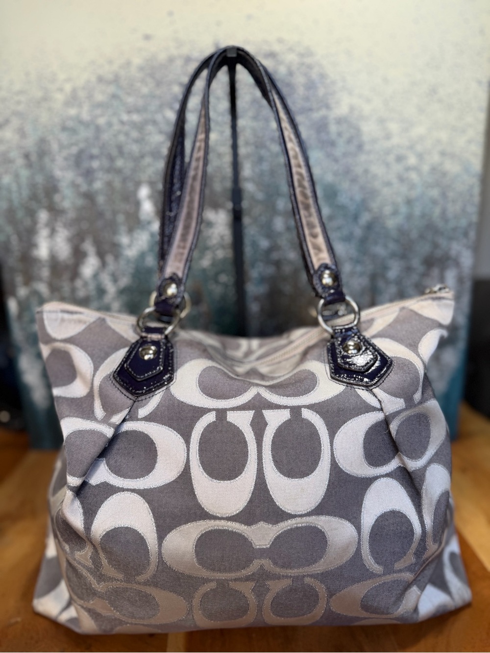 Coach Y2K Glam 2010 Poppy Op Art Tote Gray Silver Navy Patent Leather Fair - Picture 4 of 15
